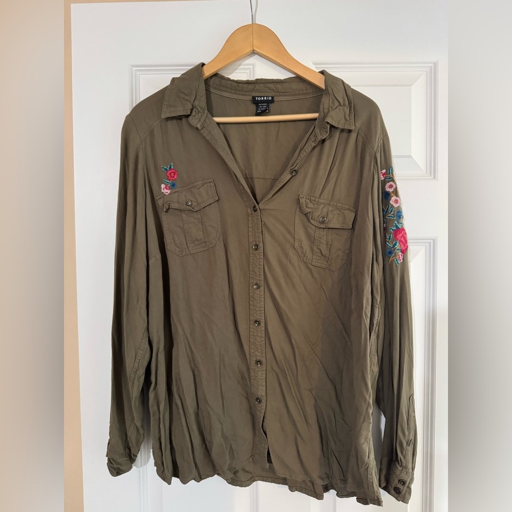 Torrid olive green long-sleeve utility shirt